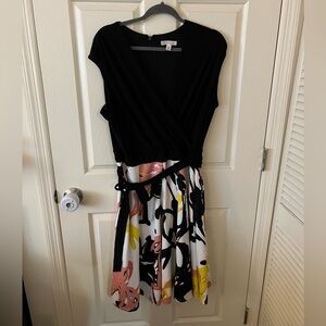 Dressbarn Black and Floral Fit and Flare Midi Dress